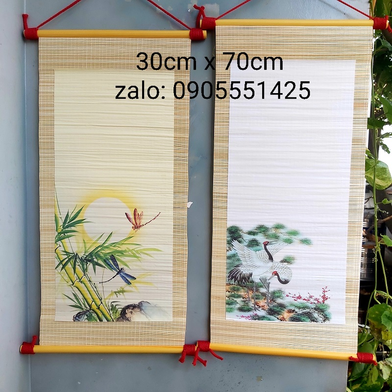 Bộ 4 mành tre viết thư pháp có in cảnh kích thước 30cm x 70cm