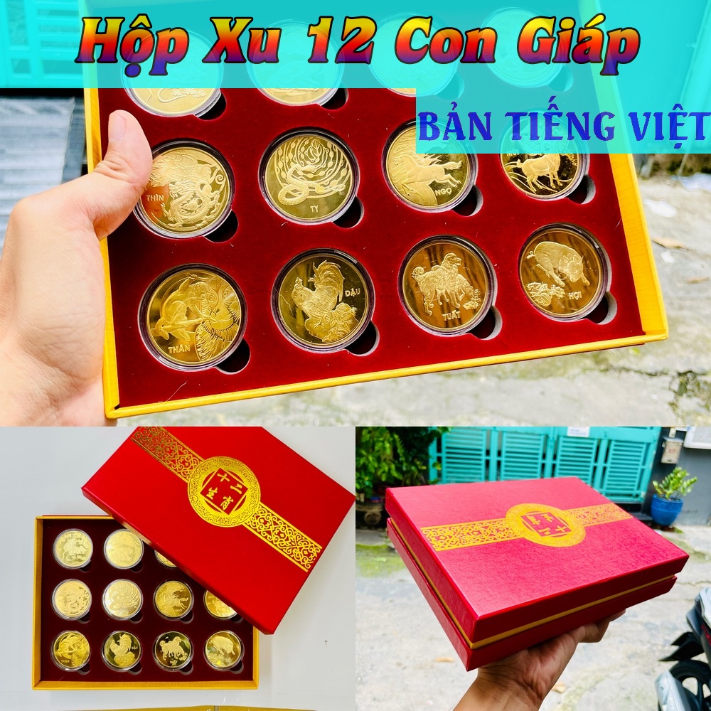 Hình ảnh Bộ Quà Tặng Hộp Xu 12 Con Giáp Phong Thuỷ May Mắn, chiêu tài chiêu lộc - Bản Tiếng Việt, Tiền lì xì tết 2023 , NELI