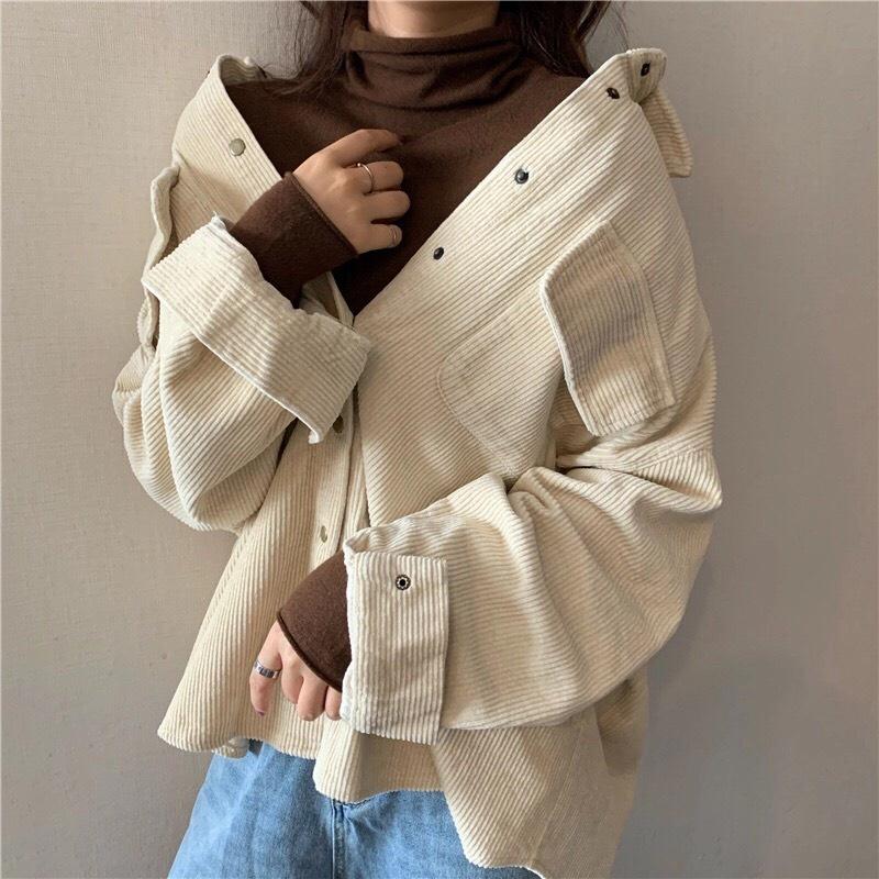 Áo Sơ Mi Nhung Tăm Gân 2 Túi Nút Bấm Form Rộng Unisex Nam Nữ Style Hàn Quốc Ulzzang KUN