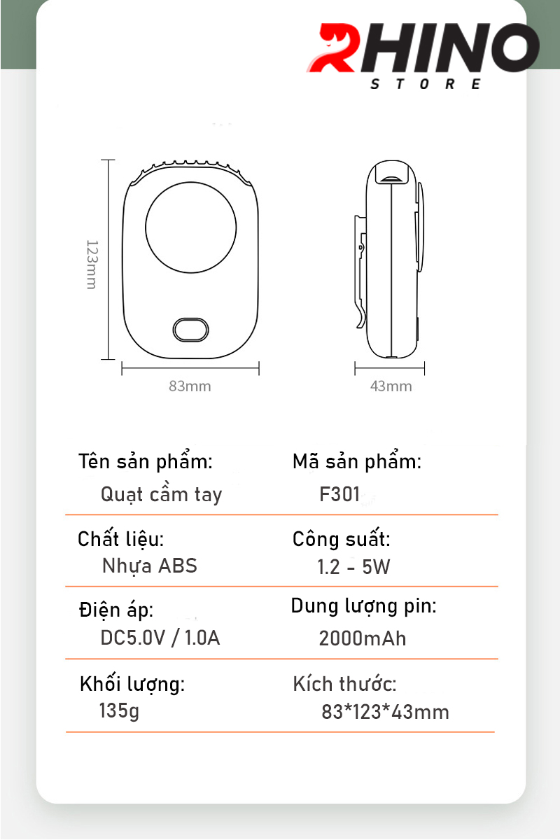 Quạt cầm tay mini siêu mát Rhino F301 tích điện với 3 mức độ gió, lượng pin cao kèm dây treo - Hàng chính hãng