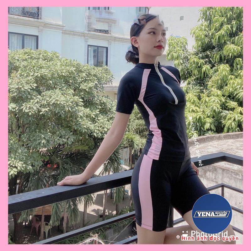 Đồ bơi nữ bikini 2 mảnh áo tắm tay ngắn quần lửng bộ bơi nữ đen phối sọc đi biển QP028