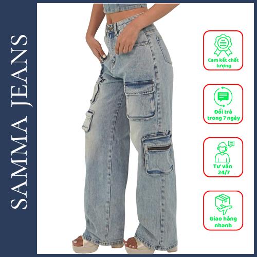 Quần Jean túi hộp cá tính SJS07_Quần bò túi hộp ống rộng dáng suông phong cách unisex hàng cao cấp, Samma Jeans