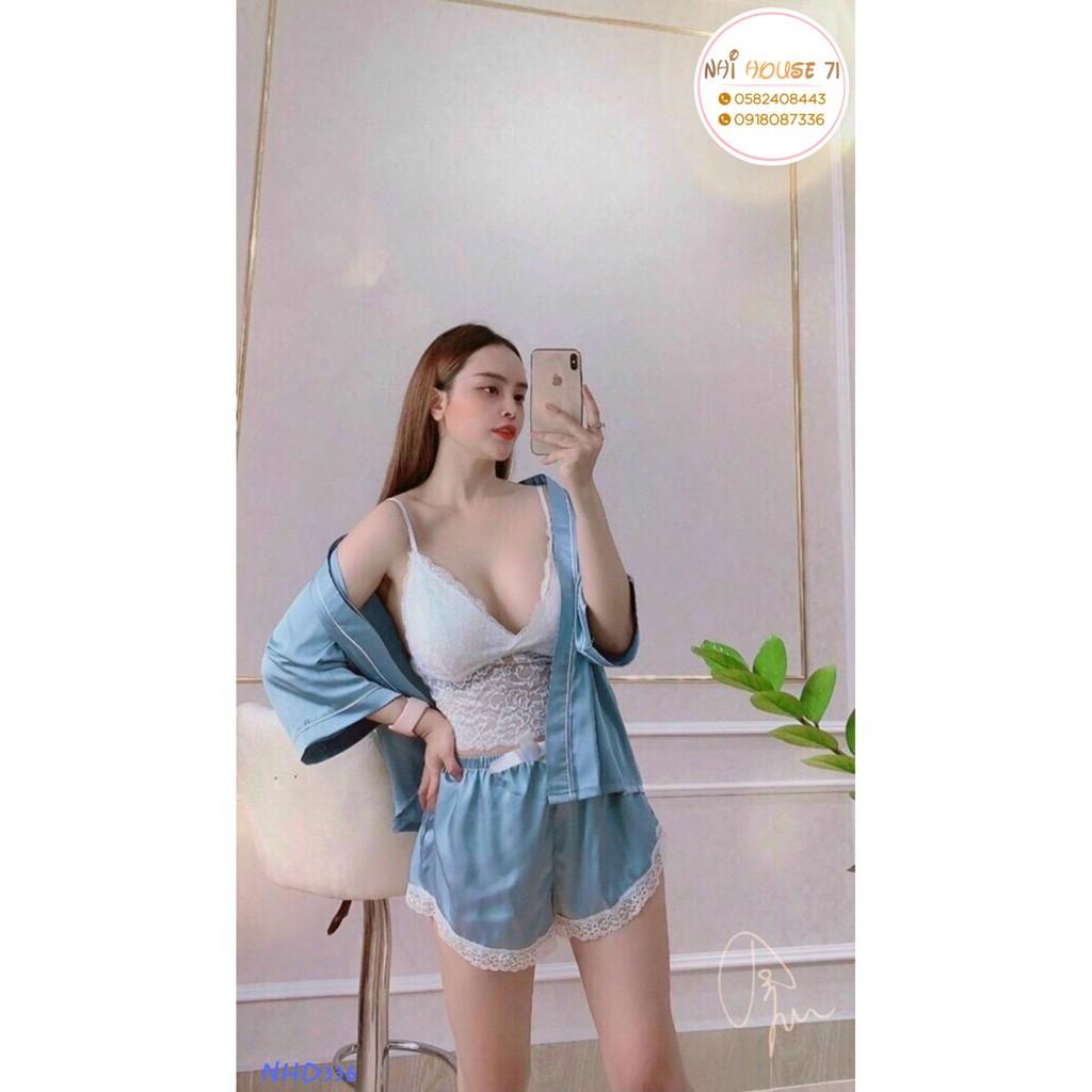 Bộ Ngủ Gồm 3 Item Áo Bra Ren Dây Sexy + Áo Khoác Ngũ + Quần short Lụa Latin Freesize Dưới 60kg
