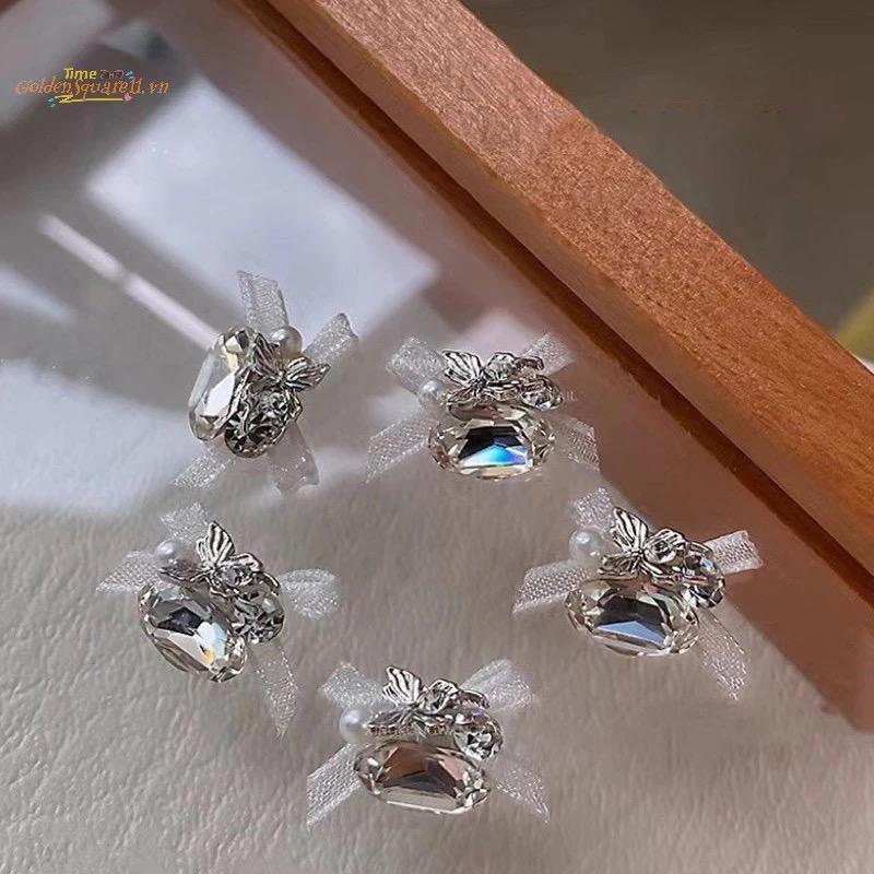 Đá Khối Mix Charm Nơ Voan Siêu Sáng Nhiều Màu Nghệ Thuật Hình Trứng Đá Viên Khoan Đa Mặt Làm Nail Nữ Women