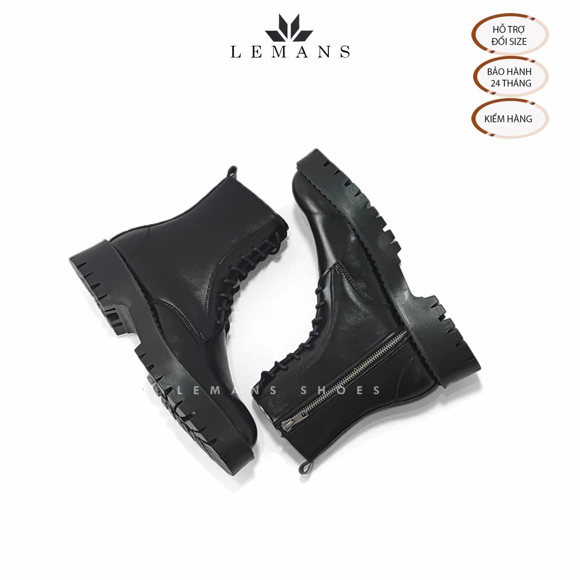 Giày da bò Chunky COMBAT Boots LEMANS nam - Đế Chunky cao 4.5cm - Khóa YKK - Bảo hành 24 tháng