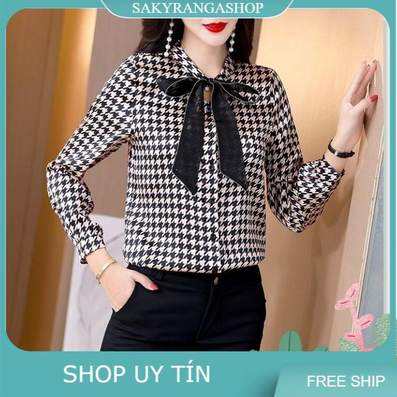 HÀNG NHẬP - ÁO SƠ MI LỤA IN ZICZAC CỔ THẮT NƠ RUYBANG