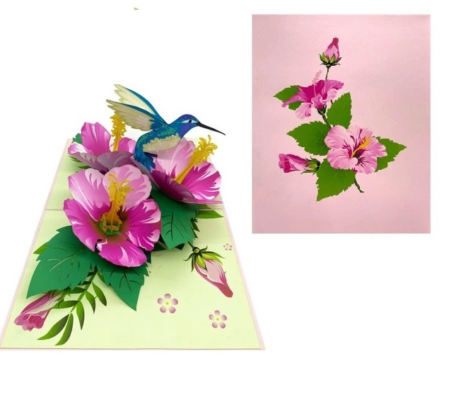 F15 -  Thiệp 3D Chim Ruồi &amp; Hoa Hồng Dâm Bụt – Pop Up Card Viethands Giftshop