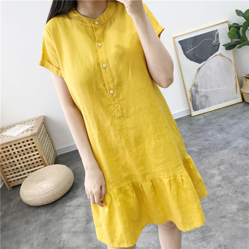 Đầm Linen suông đuôi cá, Váy midi nữ cổ trụ phối cúc chất linen mát Đũi Việt Dv80