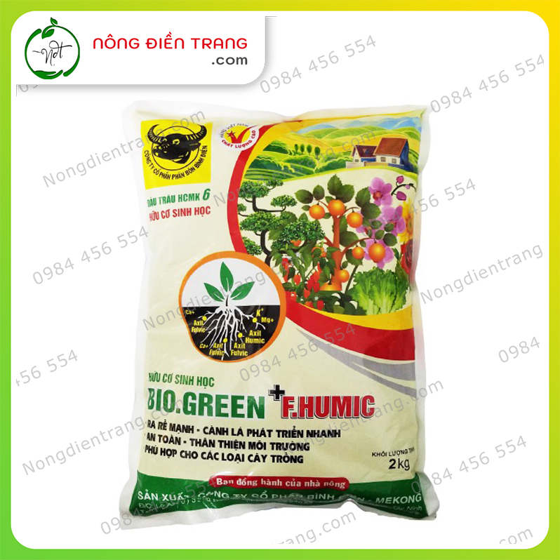Phân hữu cơ sinh học đầu trâu Bio.Green + F.Humic - Gói 2kg - Tơi xốp đất, ra rễ mạnh, cành lá phát triển nhanh - VTNN Nông Điền Trang