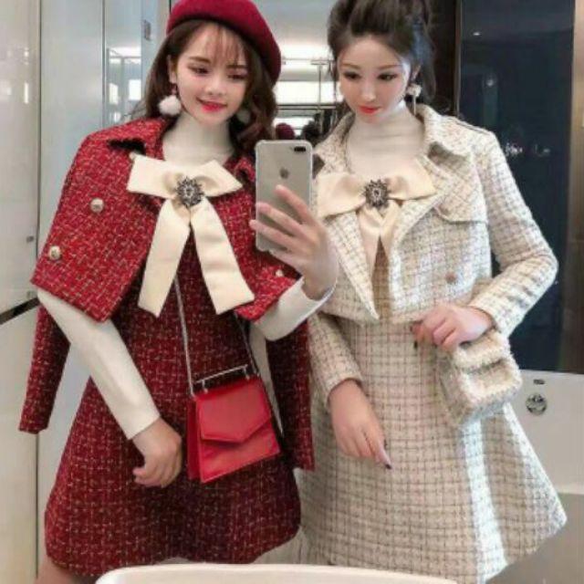 (SẴN) Set áo váy dạ tweed kèm nơ