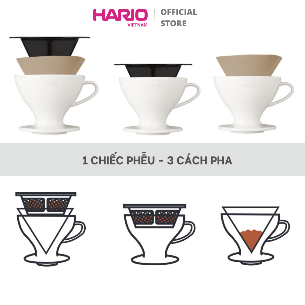 Phễu sứ pha cà phê HARIO W60 (Trắng, kèm lưới lọc đáy phẳng, pha được 3 cách) - W60 Dripper PDC-02-W