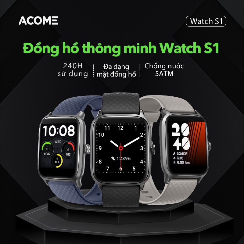 Đồng Hồ Thông Minh ACOME Smart Watch S1 Tiện Ích Chống Nước 5ATM Đo Nhịp Tim Thời Trang - Hàng chính hãng