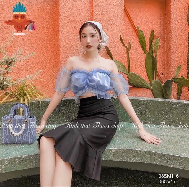 Áo voan kiếng rút ngực croptop trễ vai -Z6U