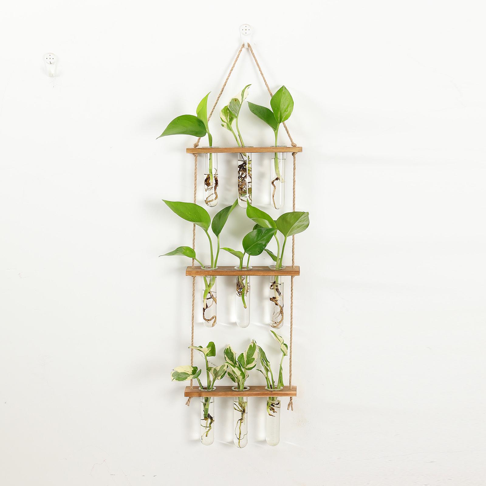 Wall Hanging Planter Flower Bud Vase Glass Terrarium Wooden Stand Test Tube Vase for Propagating Hydroponic Plants Home Garden Wedding Decoration