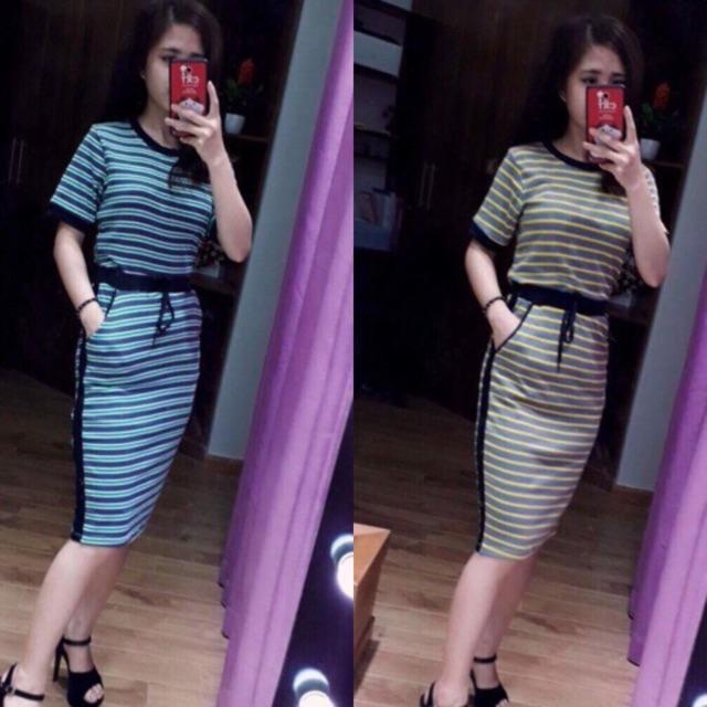 Set áo chân váy kẻ ngang cộc tay DVNL