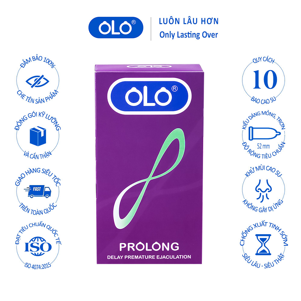 Bao cao su OLO Prolong hộp 10 cái -  siêu lâu ra, size 52mm, hương vani, siêu mỏng, siêu nhiều gel bôi trơn