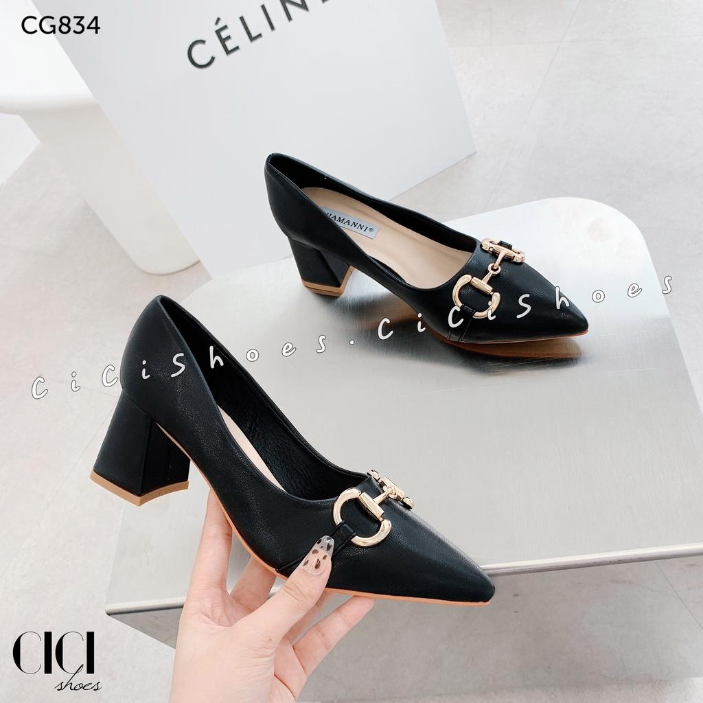 Giày cao gót nữ CiCi Shoes gót vuông 5cm, giầy da lì mũi xích vàng - CG834