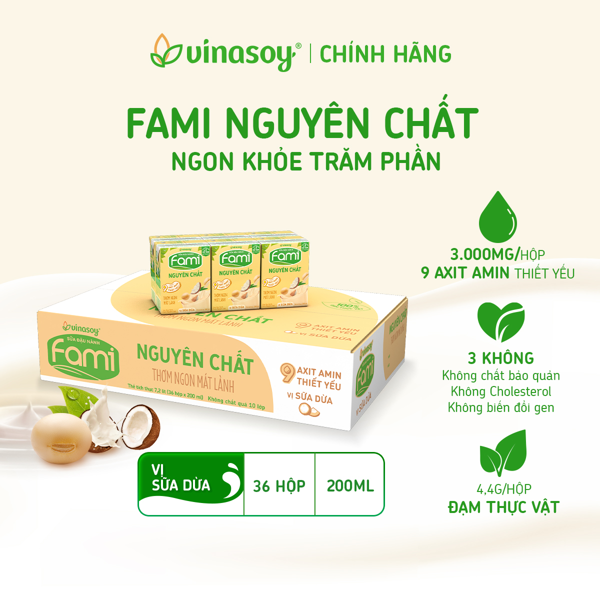 Thùng Sữa Đậu Nành Fami Nguyên Chất Vị Sữa Dừa (200ml x 36 Hộp)
