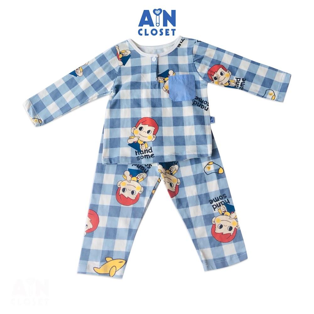 Bộ quần áo dài bé trai họa tiết Caro xanh thun cotton - AICDBT5UEJFL