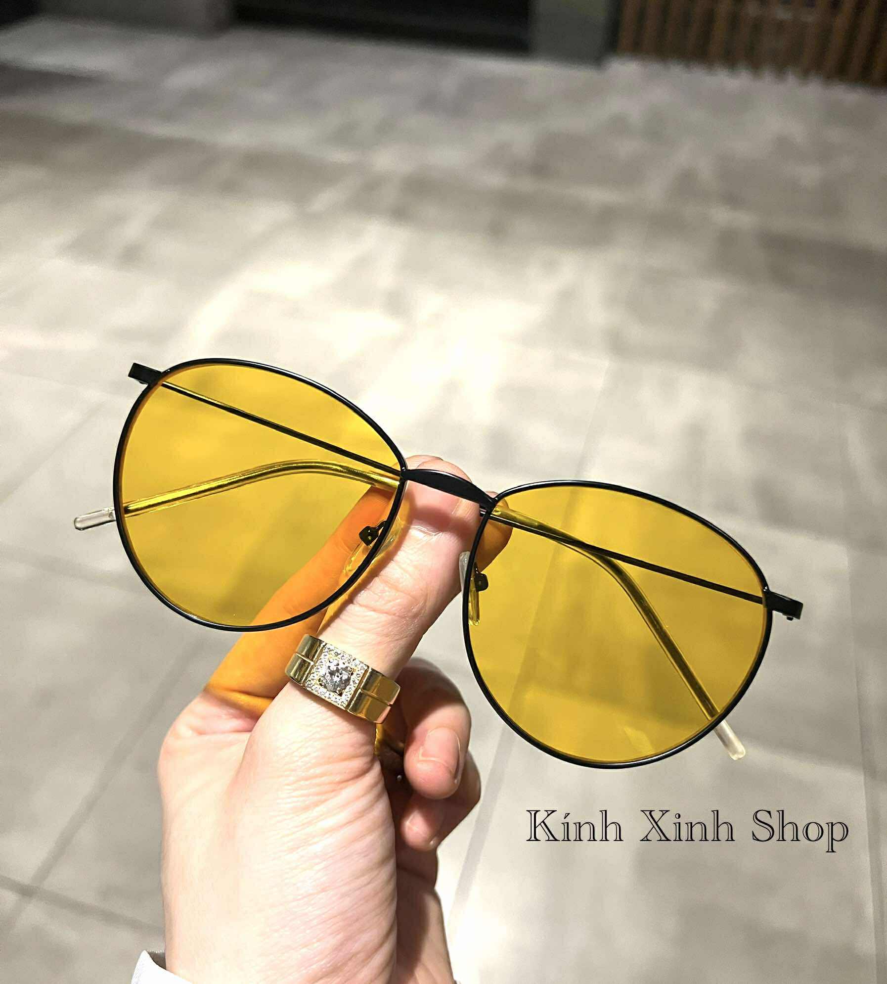 Kính râm Mắt tròn vàng thiết kế đơn giản đi ngày đêm + Tặng hộp đựng, khăn lau