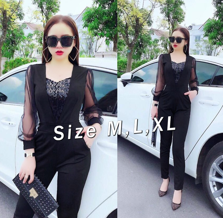 AV6225 - Jumpsuit - Đồ bay dài đính kim sa trước ngực tay dài phối lưới