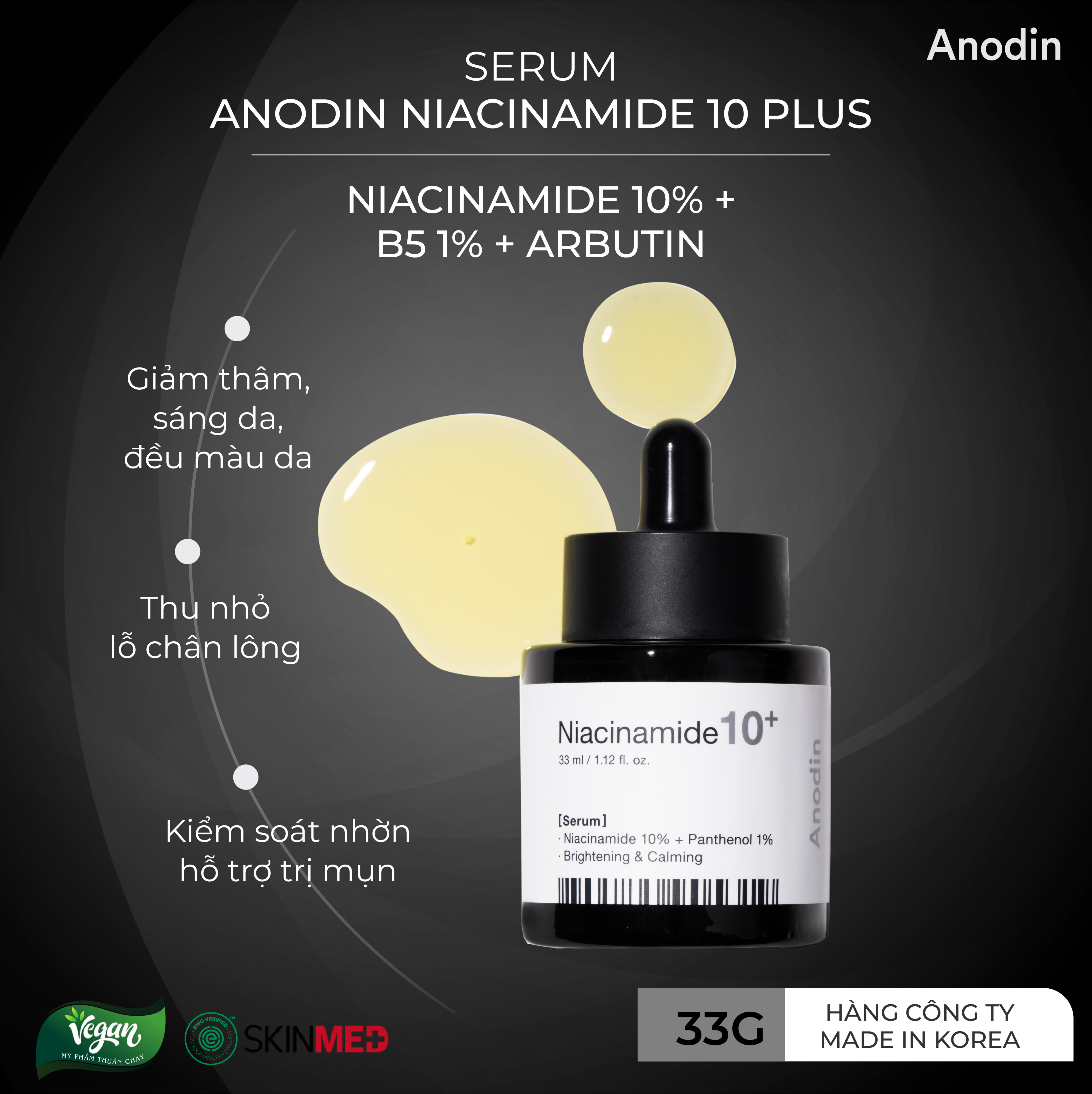 Serum làm trắng và thu nhỏ lỗ chân lông Anodin Niacinamide 10 Plus - Hàn Quốc Chính Hãng