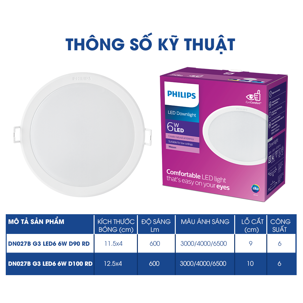 Đèn PHILIPS LED âm trần DN027B G3 - 6W, 9W, 12W, 15W, 19W (3000K/ 4000K/ 6500K)