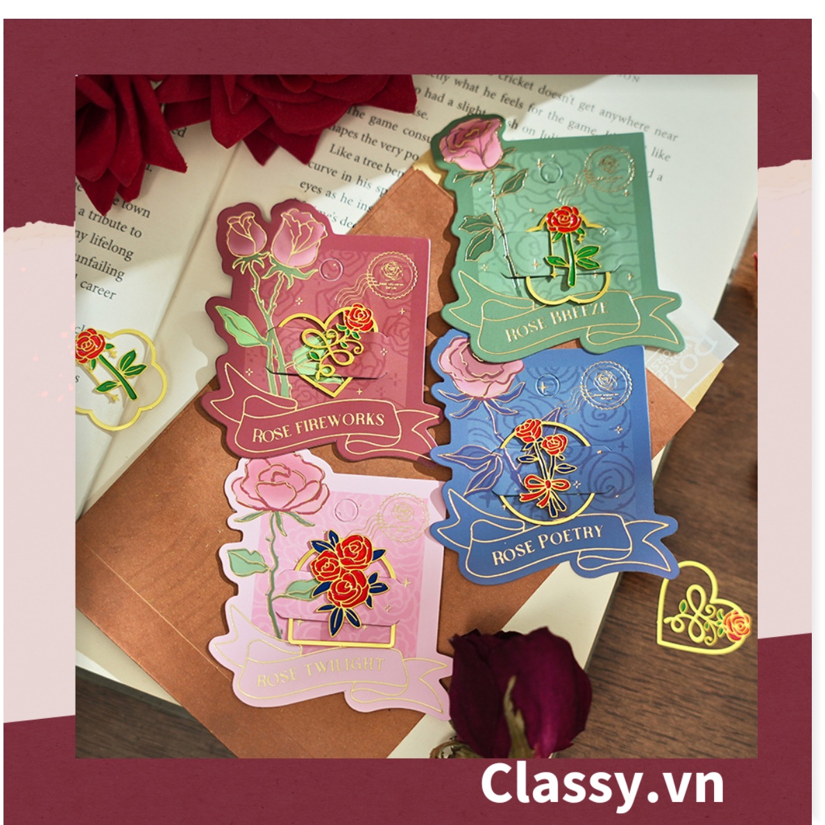 Bookmark /thẻ đánh dấu sách Hình Hoa Hồng vintage chất liệu Kim Loại đánh Dấu, đục lỗ tròn có thể gắn thêm ruy băng PK1793