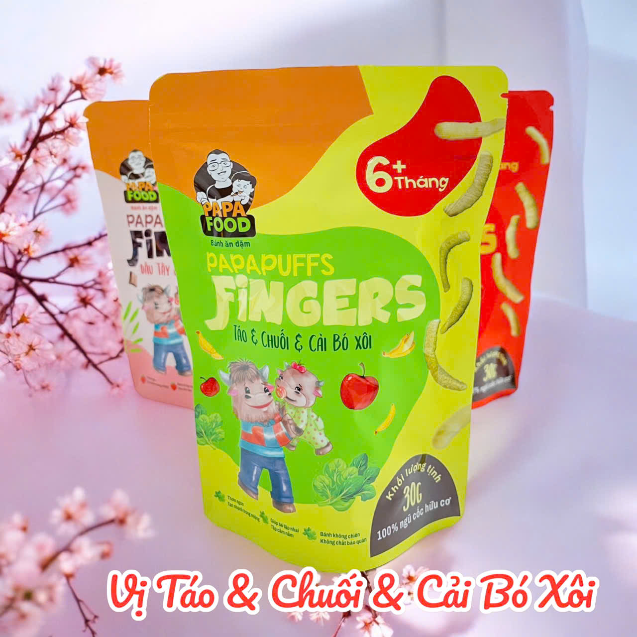 Bánh ăn dặm PAPAFOOD PAPAPUFFS Chuối &amp; Táo &amp; Cải Bó Xôi - 100% Ngũ Cố Hữu Cơ - Gói 30G