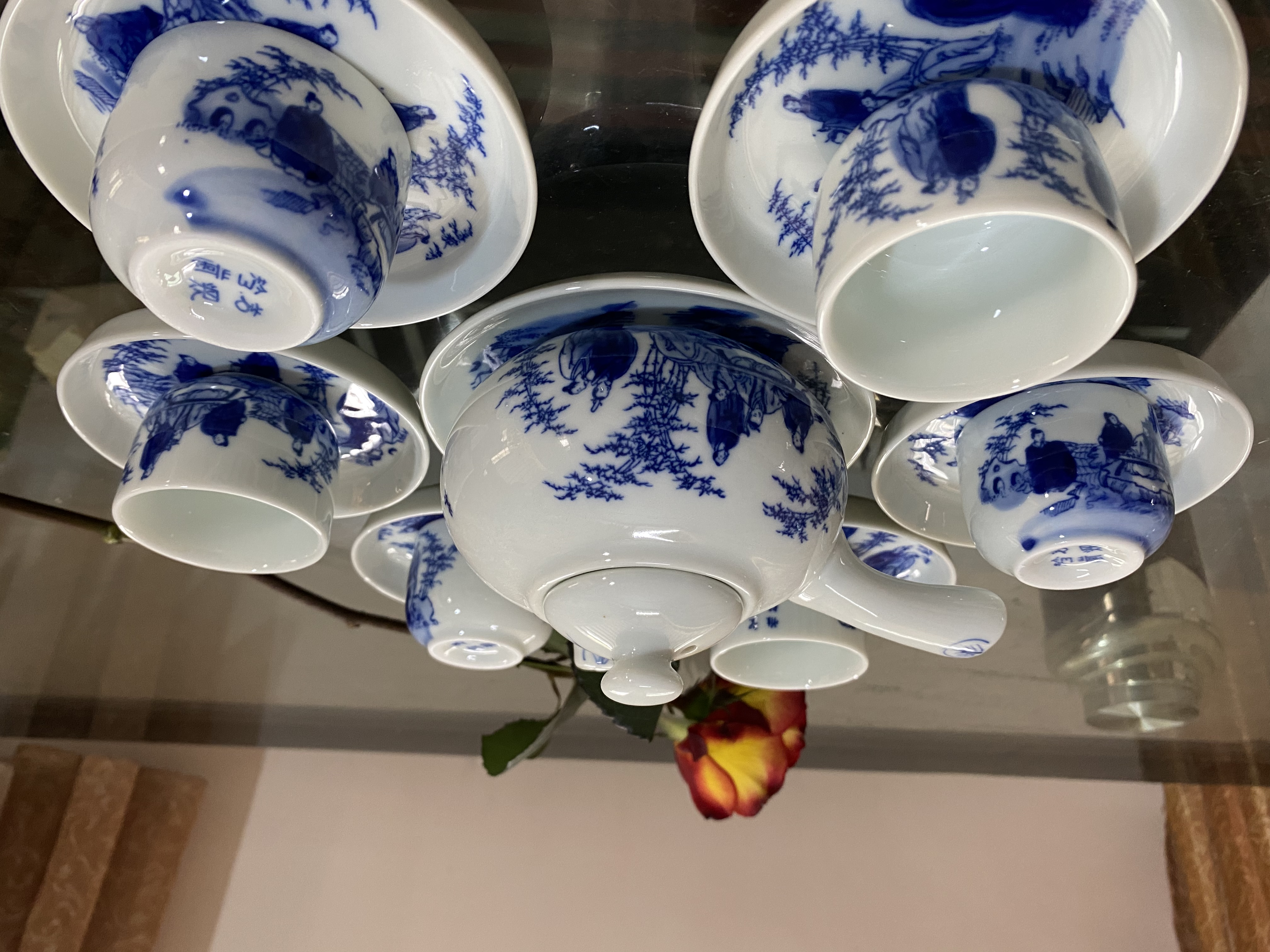 Bộ Ấm Chén Uống Trà Giả Cổ Quai Ngang Men Lam Gốm Bát Tràng Cao Cấp