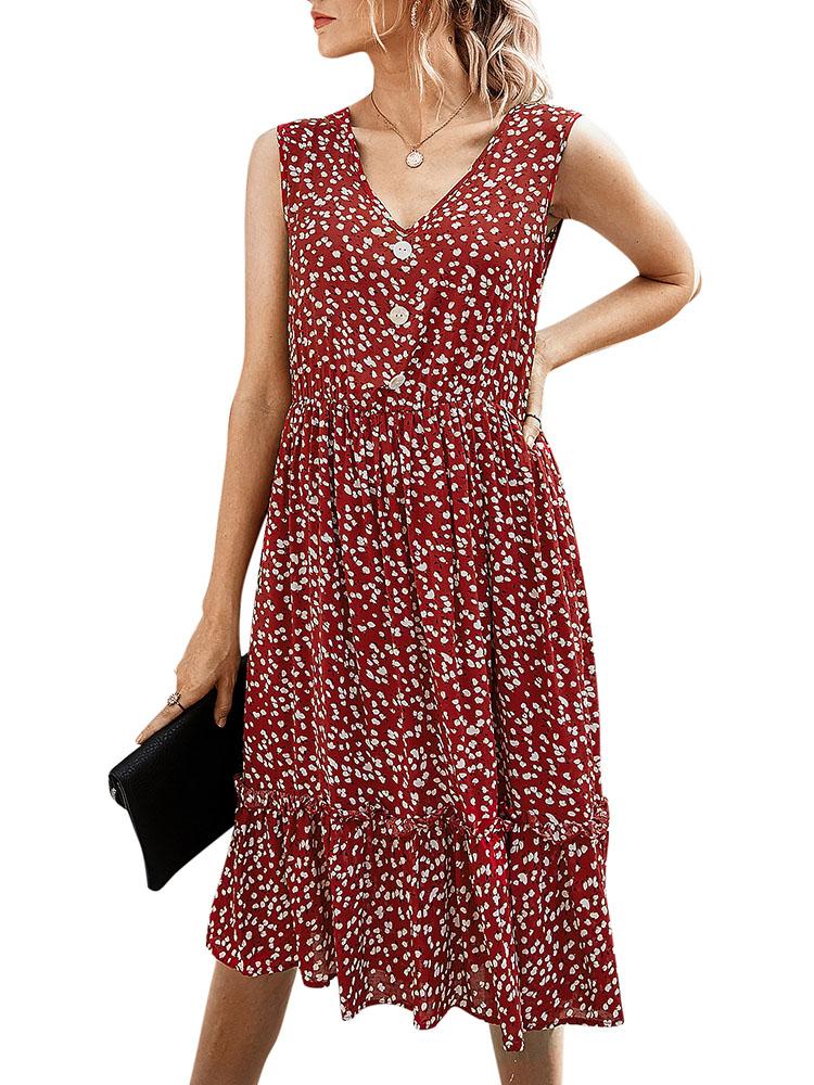 Fashion Women Summer Floral Print Dress V Neck Sleeveless Button High Waist Ruffles Bohemian Holiday Dress