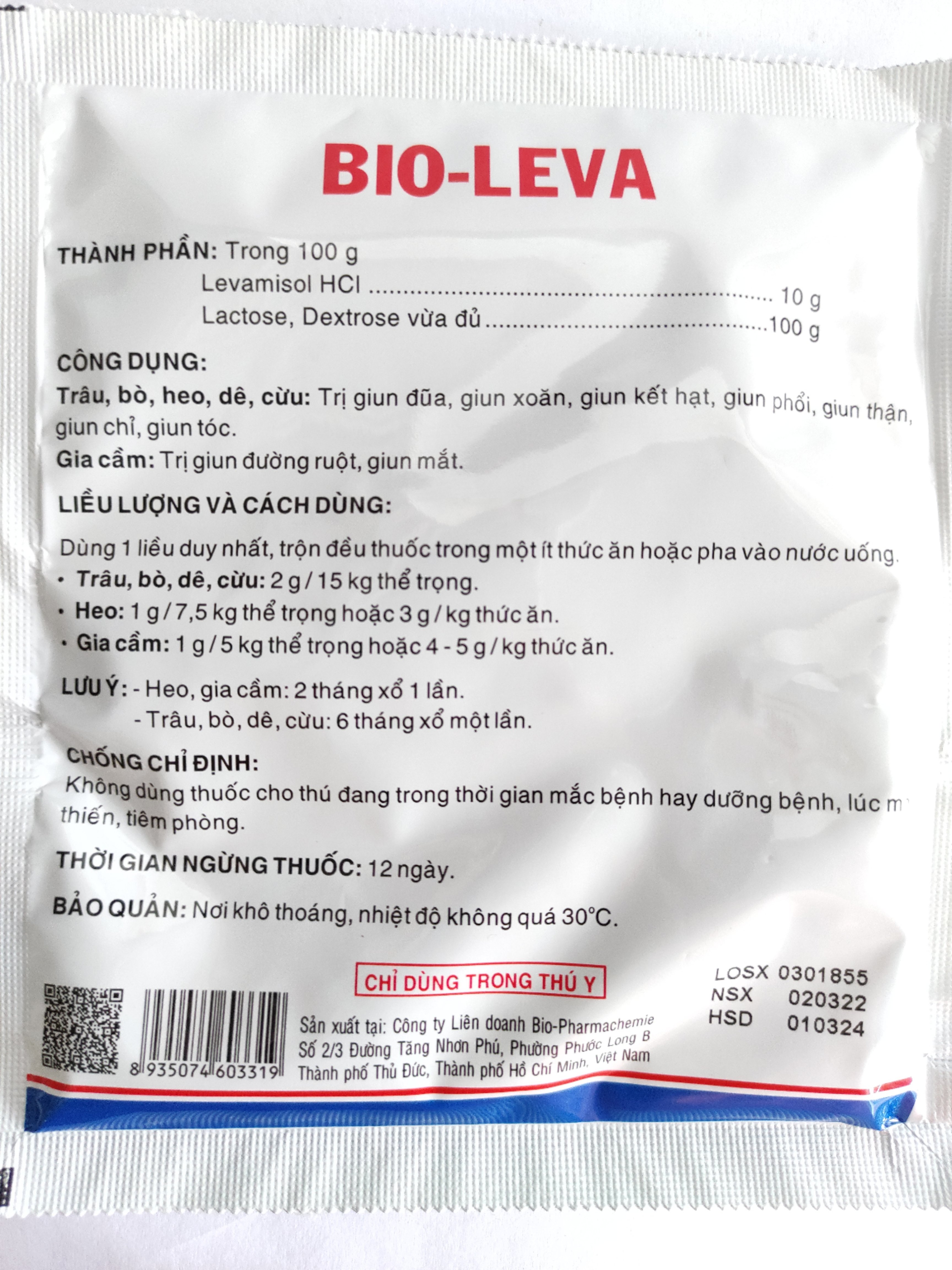 BIO LEVA 100G Thuốc bột hoà tan hoặc trộn thức ăn tẩy giun gia súc, gia cầm