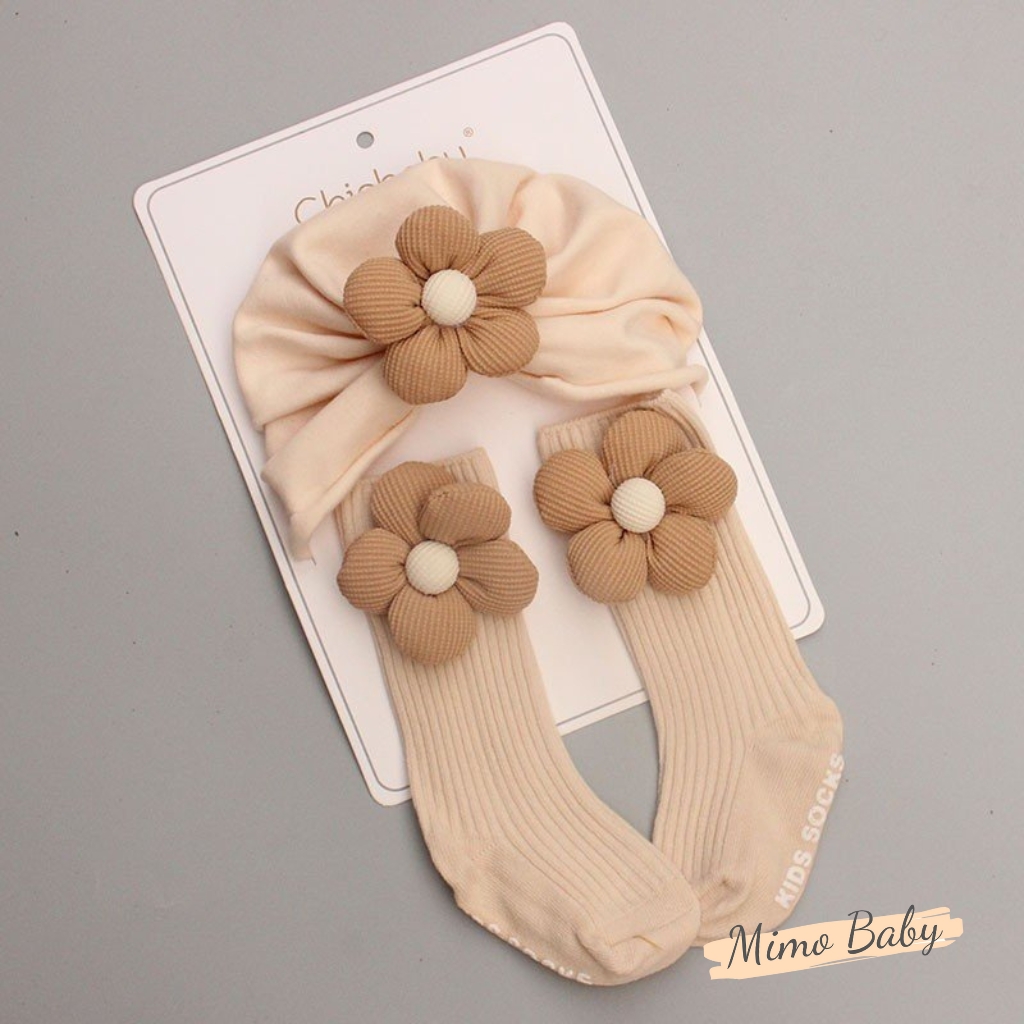 Set tất mũ turban đính hoa nâu be đáng yêu cho bé T49 Mimo Baby