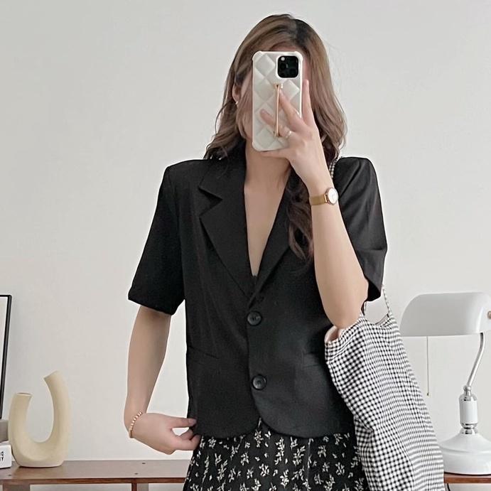 Áo Blazer Croptop Cộc Tay Độn Vai Trơn Chất Mát, Áo Khoác Vest Ngắn Tay Cơ Bản Nhiều Màu, Labibi