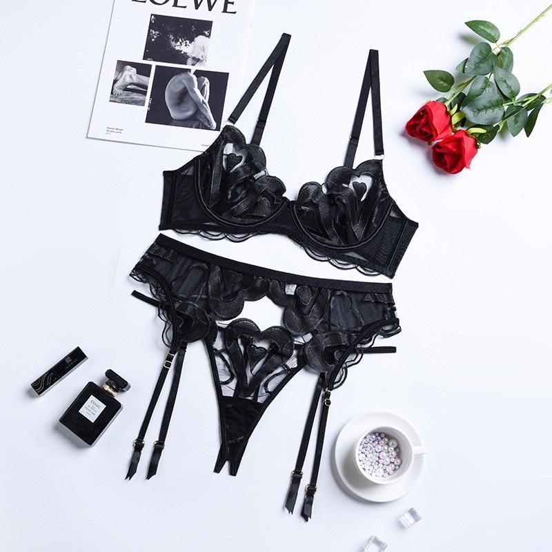 Z2419A - Nội Y Ren Họa Tiết Trái Tim Đen Phong Cách Âu Mỹ Bốc Lửa Gợi Cảm