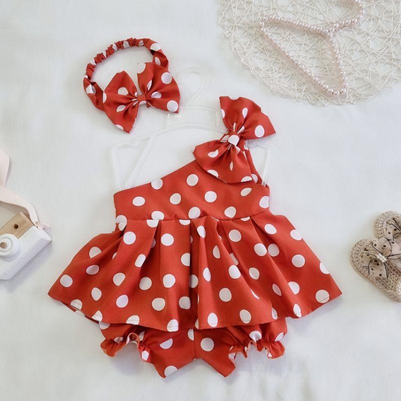 Set lệch vai chấm bi sang chảnh cho bé iu siêu xinh kèm nơ ạ