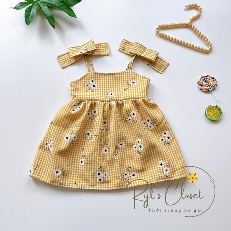Váy 2 Dây Nơ Caro Hoa Bé Gái 4 Đến 28kg, Đầm Bé Gái Chất Thô Nhật Mềm Mướt