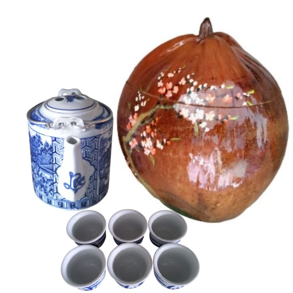 Bình Ủ Trà Trái Dừa Hoa Văn Nhành Đào, Bình Trà 700 - 950ml, Tặng Bộ 6 tách Uống Trà - Sản Phẩm Được Sản Xuất Tại Bến Tre