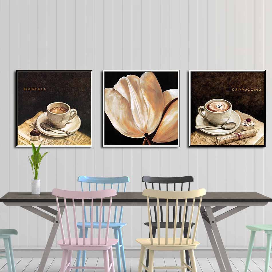 Bộ 3 tranh canvas treo tường decor cafe và hoa trắng - DC010