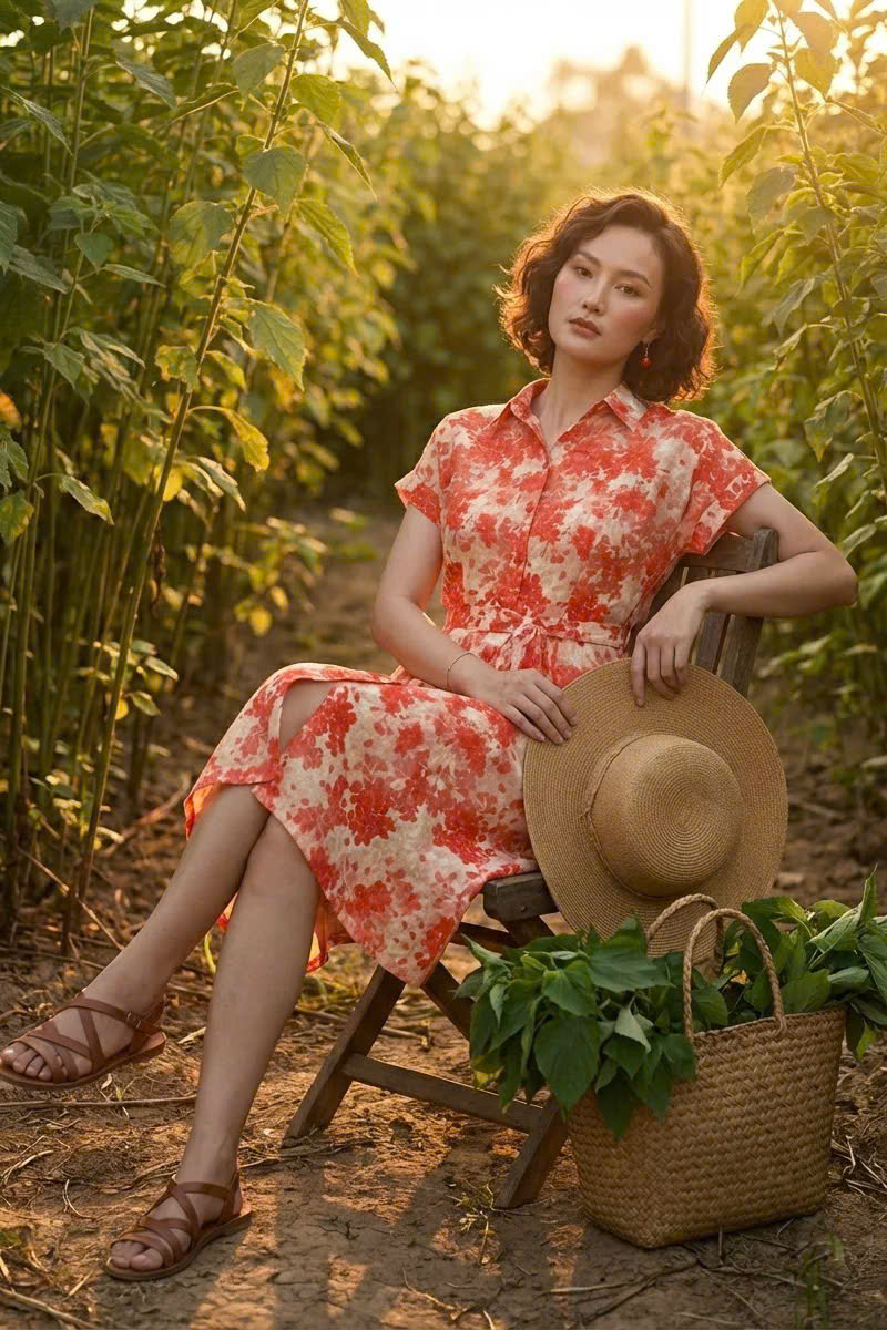 Đầm Sơ Mi Ramie Hoa Đỏ Thanh Minh Dre232 Thời trang Hity