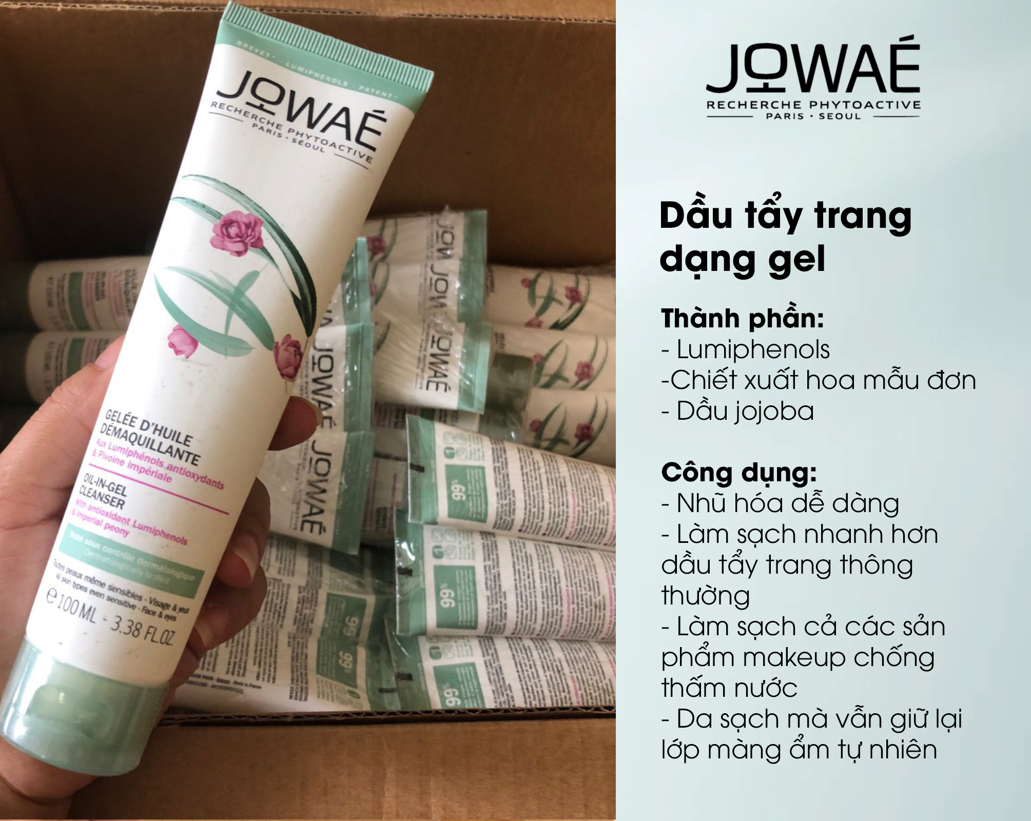 Dầu tẩy trang dạng Gel JOWAE 100ml tẩy sạch make up, bụi bẩn và bã nhờn trên da an toàn không gây mụn với thành phần thiên nhiên sản phẩm Nhập khẩu chính hãng từ Pháp