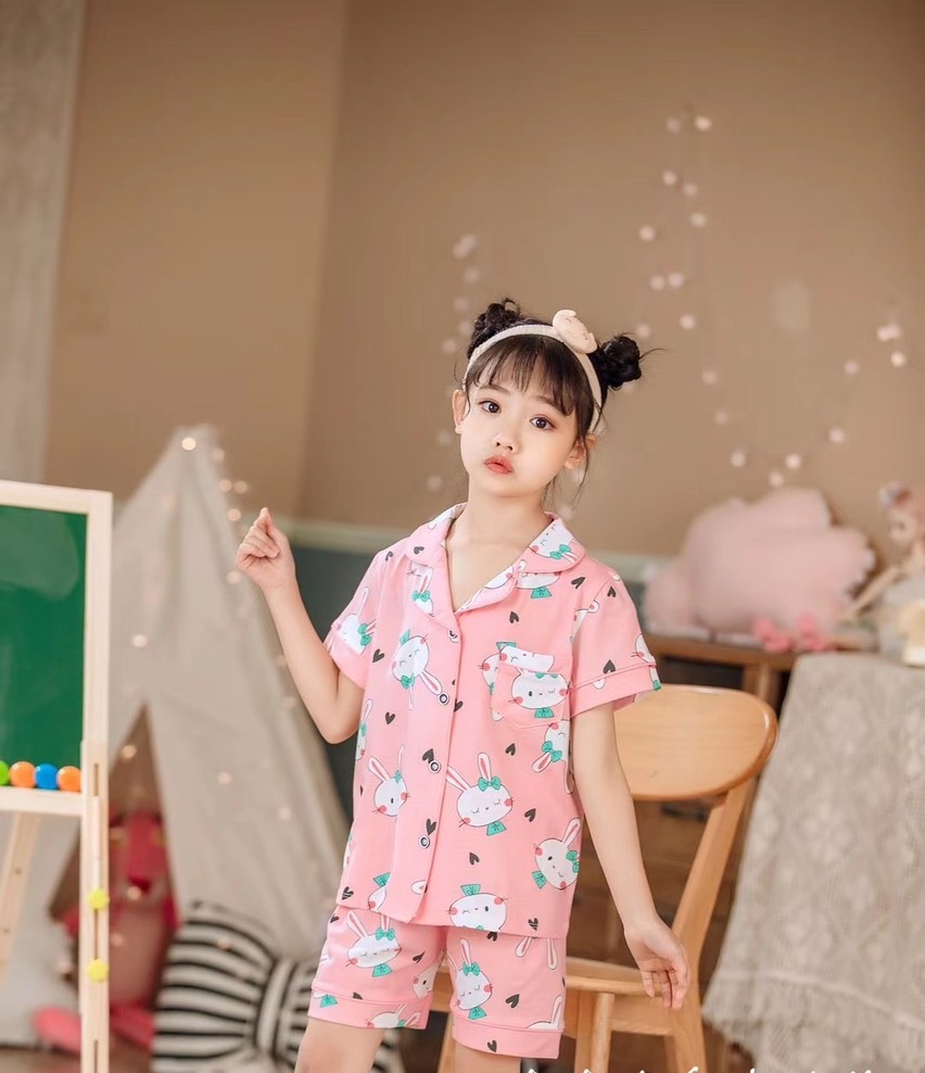 Bộ Pijama cộc tay hình thỏ nơ xanh xuất Hàn bé gái 2-14 tuổi