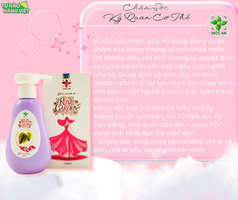 MUA 1 TẶNG 1 Dung Dịch Vệ Sinh ROSE GARDEN Hộp 150ml MỘC AN Thành Phần Lá Trầu Không, Nha Đam, Tía Tô, Bạc Hà