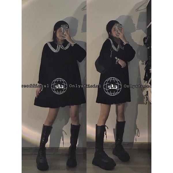 Váy babydoll nhung đen cổ diềm trắng siêu xinh