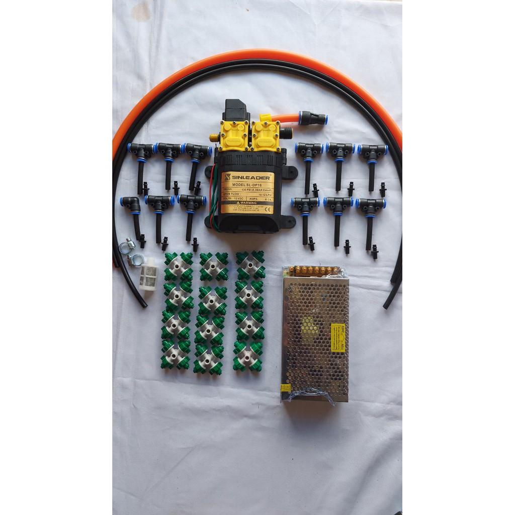 Bộ phun sương. tưới lan. bơm đôi 120W kèm nguồn 12v-10A. 12 béc 4 hướng. 20m dây 8li. 1m dây hút... bộ đầy đủ