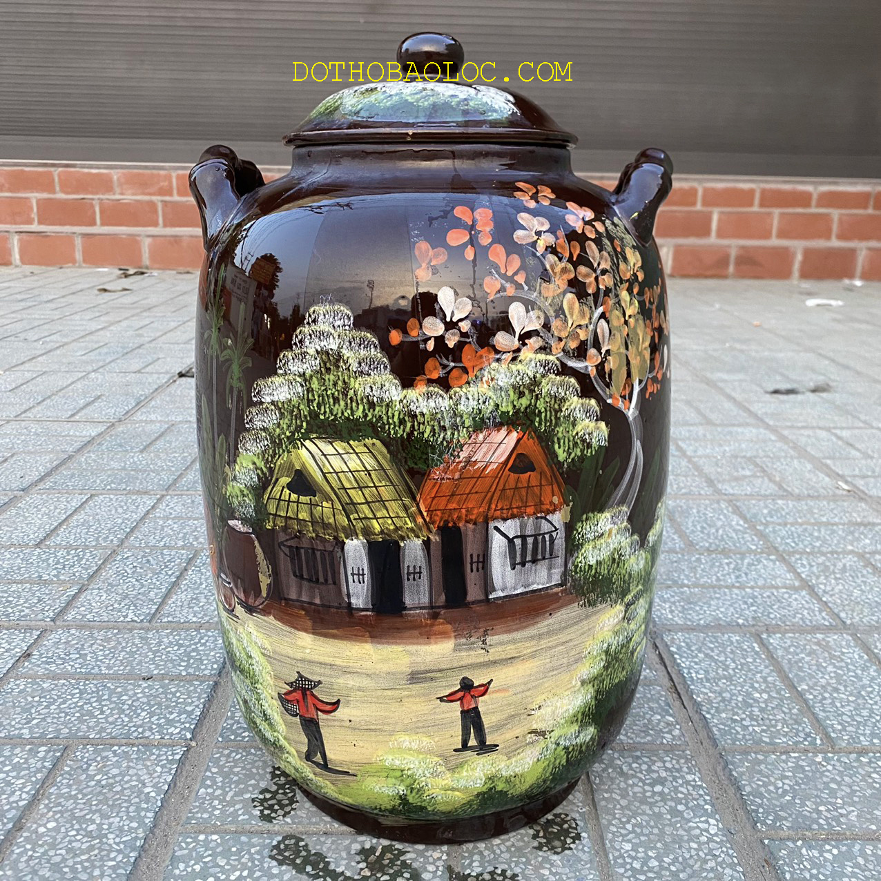 Bình ngâm ruou sứ Bát Tràng vẽ cảnh đồng quê - Không vòi 30 lít