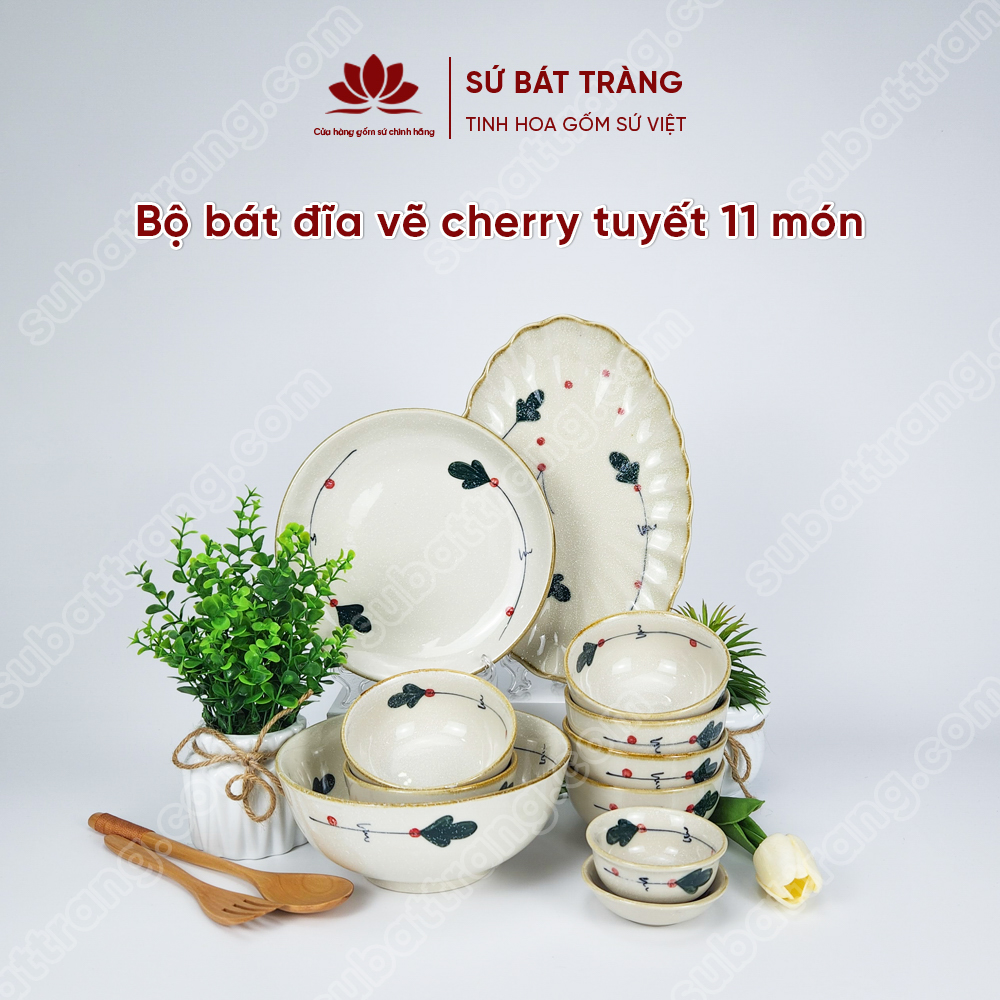 Bộ bát đĩa vẽ cherry tuyết cao cấp Bát Tràng