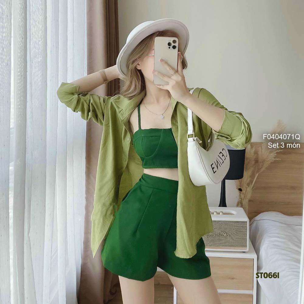 Set 3 món áo khoác sơ mi tay dài áo croptop 2 dây phối quần short!