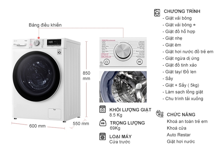 Máy giặt LG Inverter 8.5 kg FV1408S4W - Hàng chính hãng - Giao toàn quốc