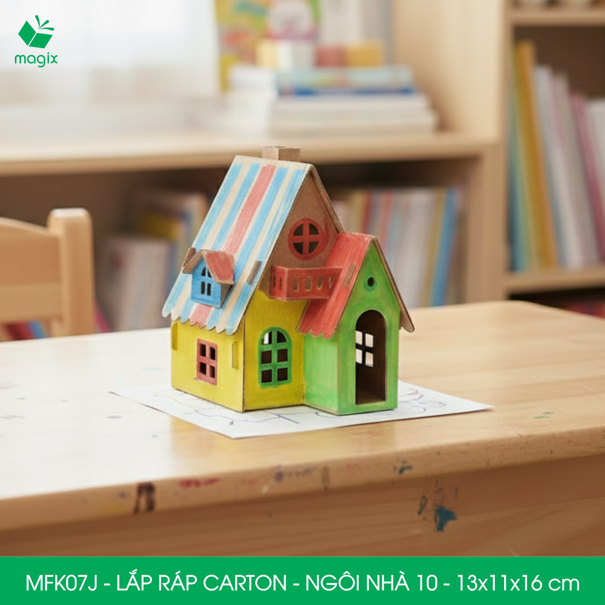 MFK07J - 13x11x16 cm - Mô hình ngôi nhà lắp ráp từ bìa carton cao cấp, nhà giấy carton mini sáng tạo